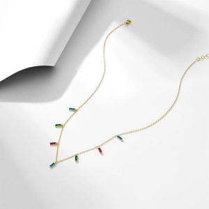 S925 sterling silver gold necklace with rainbow zircon square pendants on white background