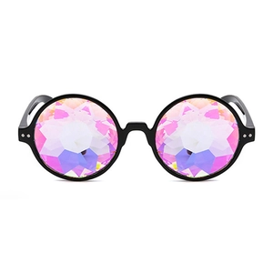 Black round kaleidoscope glasses with pink purple multifaceted lenses for music festivals