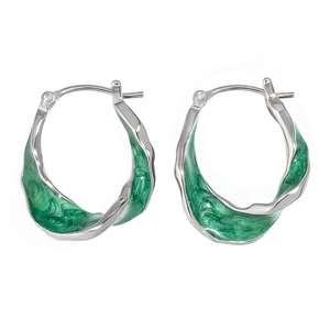 S925 sterling silver U-shape hoop earrings with green enamel wavy design accents