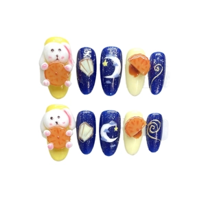 Mid-Autumn press-on nails with 3D white rabbit, moon, and star patterns in yellow and blue