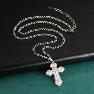 Mens silver stainless steel orthodox cross necklace with curb chain and lobster clasp