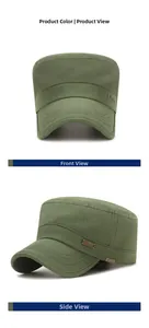 Army green cotton flat top cap with metal logo plaques and durable stitched brim details