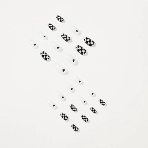 24pcs press-on nails featuring black and white checkerboard and heart designs
