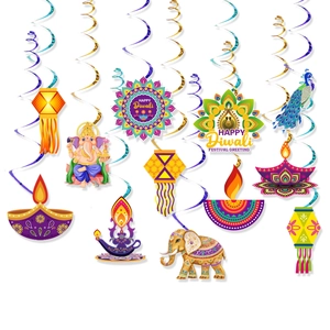 Detailed Diwali spiral decorations featuring Happy Diwali hanging signs and colorful motifs