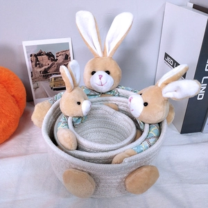 Three-piece nesting cotton rope baskets with plush rabbit decor for storage