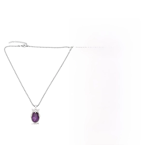 Detail view of amethyst owl necklace with size specifications and copper material info