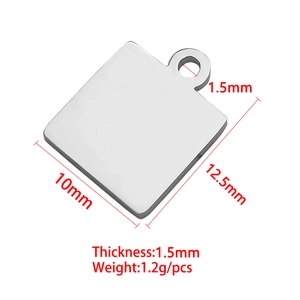 Square polished stainless steel jewelry pendant with dimensions for DIY engraving