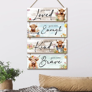 Rustic farmhouse highland cow wood wall hanging with motivational quotes for home decor