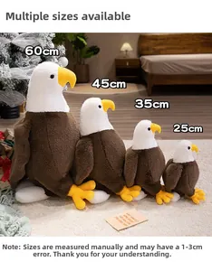 Realistic bald eagle plush toys in four sizes displayed on a cozy indoor rug