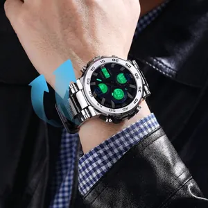Waterproof sports watch with dual display, silicone strap, and luminous LED backlighting