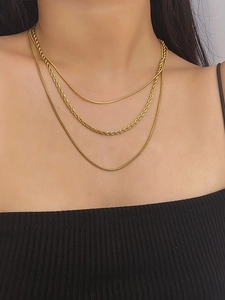 Close-up of triple-layered 18K gold-plated necklace with rope and snake chain styles