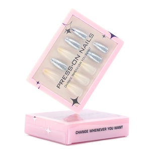Silver glitter and milky white gradient almond press-on nails in pink gift box