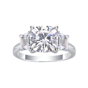 Classic S925 silver three-stone ring with cushion cut moissanite in a center setting