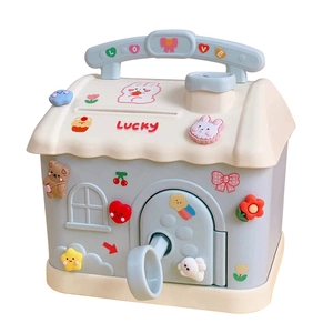 Cute cartoon house shaped money box with handle and stickers in light blue and white