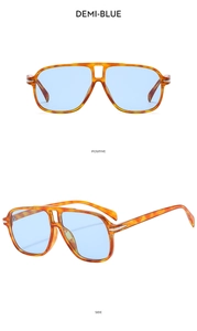 Detailed front and side views of demi-blue aviator sunglasses with transparent lenses