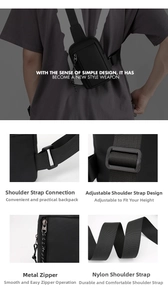 Detail view of water-resistant nylon men's chest bag featuring adjustable straps and zippers