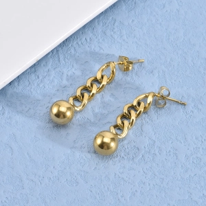 Golden Cuban chain earrings with smooth metal balls on a minimalist light blue background