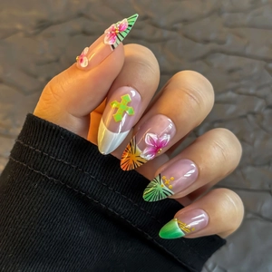 Press On Nails 3D Flower Almond Shape Leopard Print French Style Glossy Full Cover Artificial Fake Nails For Women