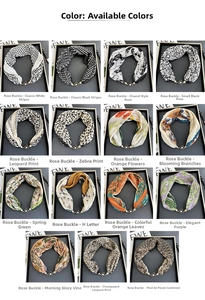 Collection of decorative silk scarves with rose metal buckles in various elegant patterns