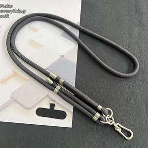 Detail of dark grey 8mm adjustable braided phone lanyard with silver metal buckle and hook