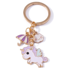 Cute cartoon unicorn umbrella and cloud keychain accessory in purple and gold