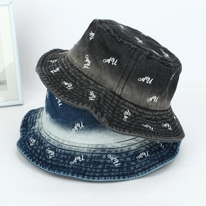 Chapeau Bob En Denim Lavé Pur Coton Broderie Lettre Protection Solaire Chapeau De Pêcheur Hommes Femmes