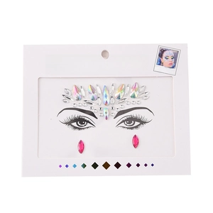 Face crystal set with iridescent forehead rhinestones and red teardrop gems on white card