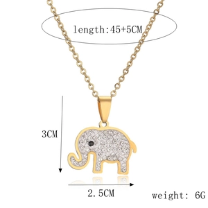 Detail view of golden elephant pendant necklace with rhinestone settings and size specifications