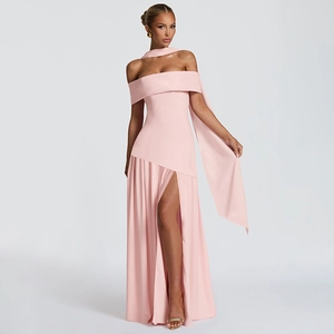 Detail of elegant pink satin off-shoulder dress with a neck ribbon and high side slit