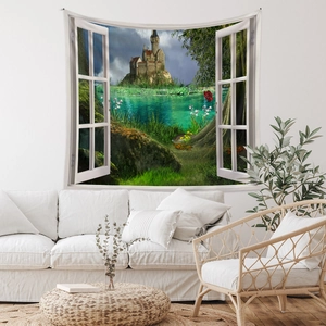 Detail of 3D window view tapestry showing a European castle and lake landscape