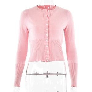 Chic pink long sleeve knitted cardigan with a round neck and slim fit cropped design
