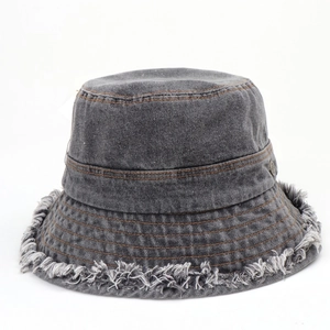 Frayed edge dark grey denim bucket hat with vintage wash and metal logo detail