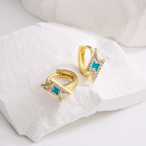 18K gold plated hoop earrings with blue enamel lightning bolt charms and zircons