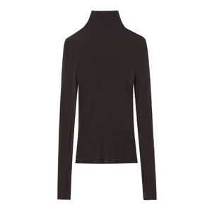 Slim fit dark brown turtleneck long sleeve top for women in soft stretch cotton