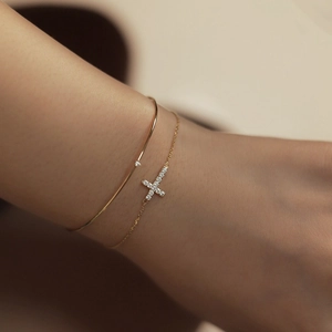 Elegant 18K gold plated S925 silver bracelet set with zircon cross pendant and solitaire bangle
