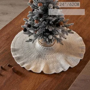 Chunky Knit Christmas Tree Skirt Acrylic Circular Ruffle Edge Holiday Desktop Mini Tree Decoration Rustic Cozy