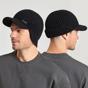 Men Winter Knitted Beanie Hat With Visor Ear Protection Fleece Lined Thermal Windproof Acrylic Outdoor Peaked Cap