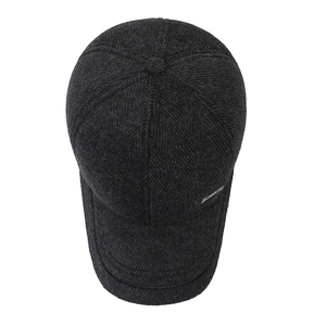Thick wool baseball cap for men with ear flaps and sports metal plaque in dark grey