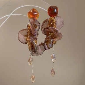 Detail of vintage Maillard style earrings with mesh petals and amber water drop pendants