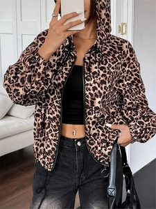 Women's leopard print zip-up hoodie featuring drawstring hood and casual loose fit jacket