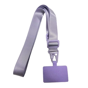 Purple nylon phone lanyard set with adjustable strap, metal hook, and secure tether tab