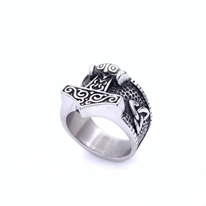 Vintage Thor's Hammer and Celtic knot stainless steel ring with antique silver finish