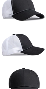 Detailed views of a black and white trucker hat featuring a breathable mesh back design