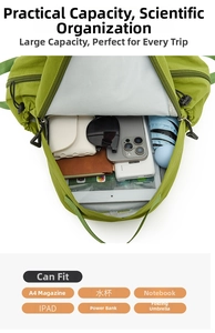 Internal layout of green backpack showing spacious compartment for iPad and travel gear