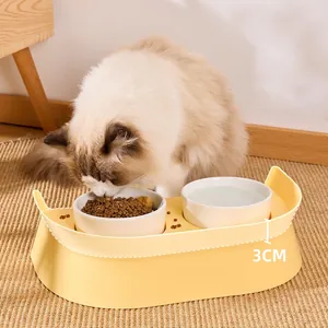 Katzen-Keramik-Doppelnapf-Set mit Nackenschutz und gelbem Spritzschutz für Futter