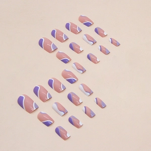 Blue-purple wavy press-on nail set with geometric minimalist patterns and 24 pieces