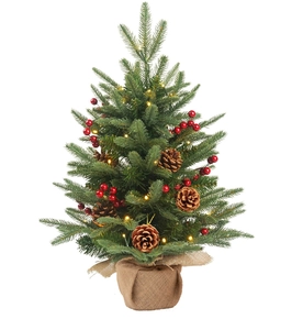 Mini tabletop Christmas tree with warm LED lights, red berries, cones and burlap base