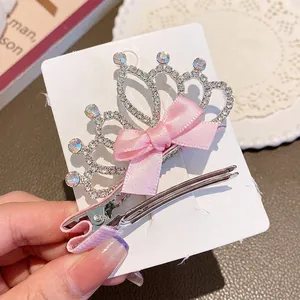Pink crown hair clips for girls with rhinestones and ribbon bows, size 4.5cm