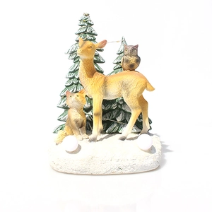 Luminous resin forest animal Christmas ornament with reindeer, fox and owl on snow base