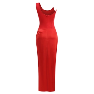 Detailed back view of a slim-fit red one-shoulder evening gown with invisible zipper